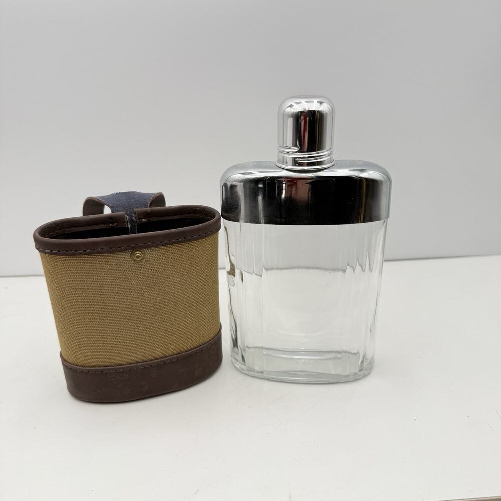 Vintage SWANK Glass Flask‎ Canvas Faux Leather Case Shot Glass Lid EUC